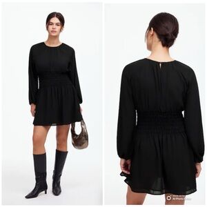 Madewell Black Bubble-Sleeve Smocked Mini Dress Size Medium NWT